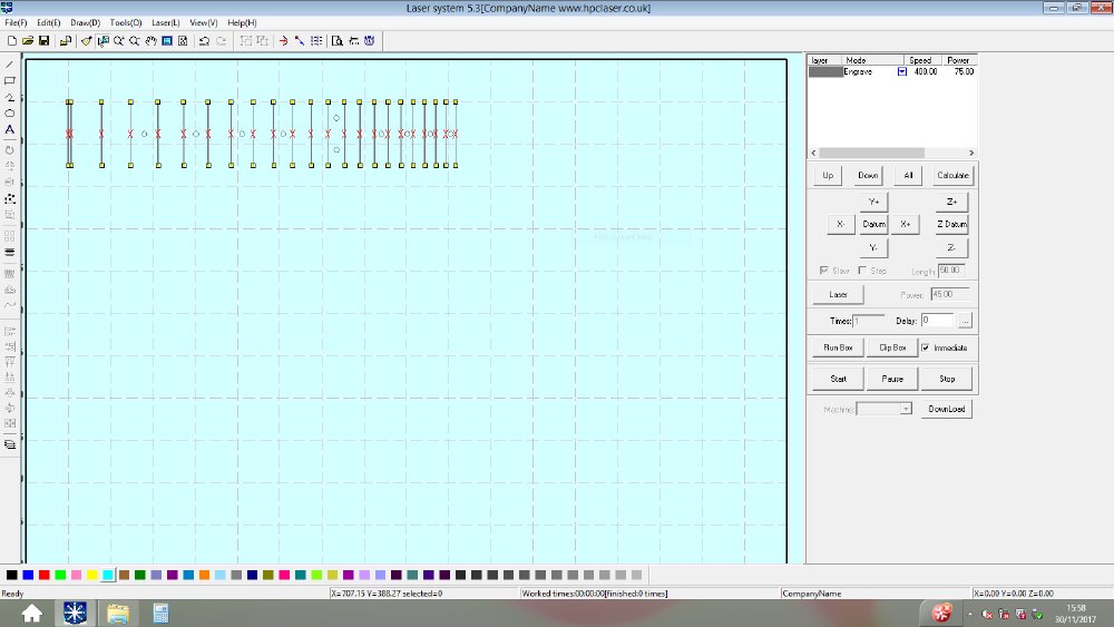 A fretboard designed loaded into the LaserCut software for a laser-cutter.