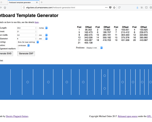 A screenshot of a fretboard editor in a browser. Shows a diagram of a fretboard, and controls that let you set things like scale-length, how many frets, inlays etc.