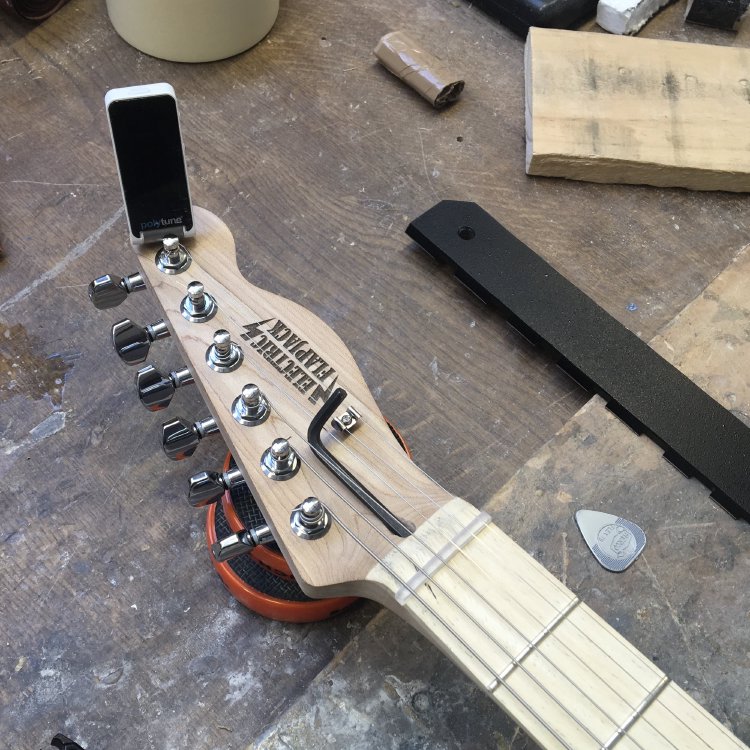 A close up of the headstock of a guitar neck, strings on, with clip on tuner and allen key in the truss-rod socket.