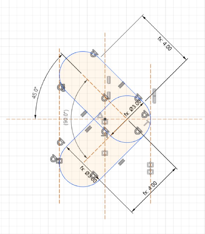 A detail view of the CAD drawing for a single arrow, showing how it is made from two lozenge shapes and a lot of constraints around how they sit next to each other.