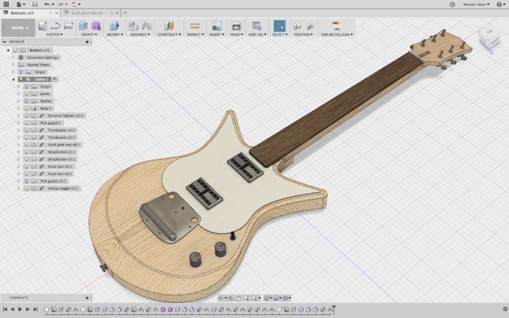 A screnshot of a CAD tool showing a design for a solid bodied electric guitar. The guitar looks like some weird mix of a Les Paul and a Dan Electro.