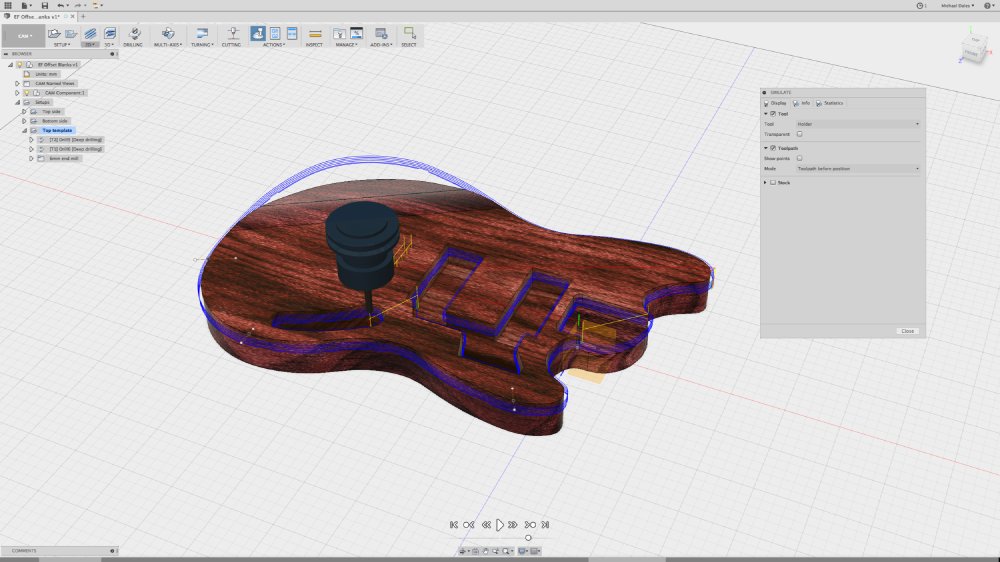 A screenshot of a a CAD software showing the body of an electric guitar surrounded by blue lines that show how it'd be milled out on a CNC machine.