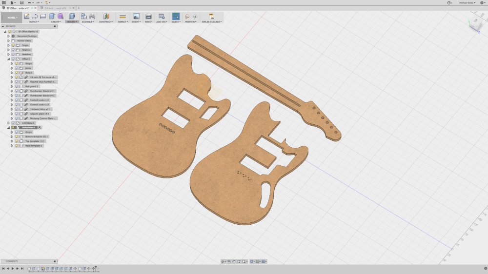 A screenshot of a CAD tool showing three MDF templates laid out: one for the neck, and two for the body with different sets of internal cut outs.