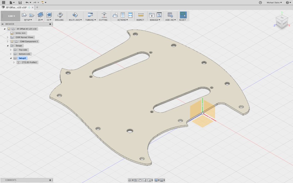 A screenshot of a pickguard design in Fusion 360.