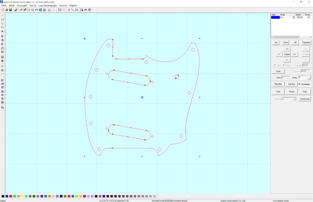 A screen shot of the laser-cutter control software with the recognisable outline of the pickguard we've been following in it.