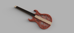 A crude render of a blocky guitar design. There's a core bit of wood that runs the length of the guitar from where the headstock would be to the tail, with a fretboard glued on, and the sides of the body are a plastic lattice-work.