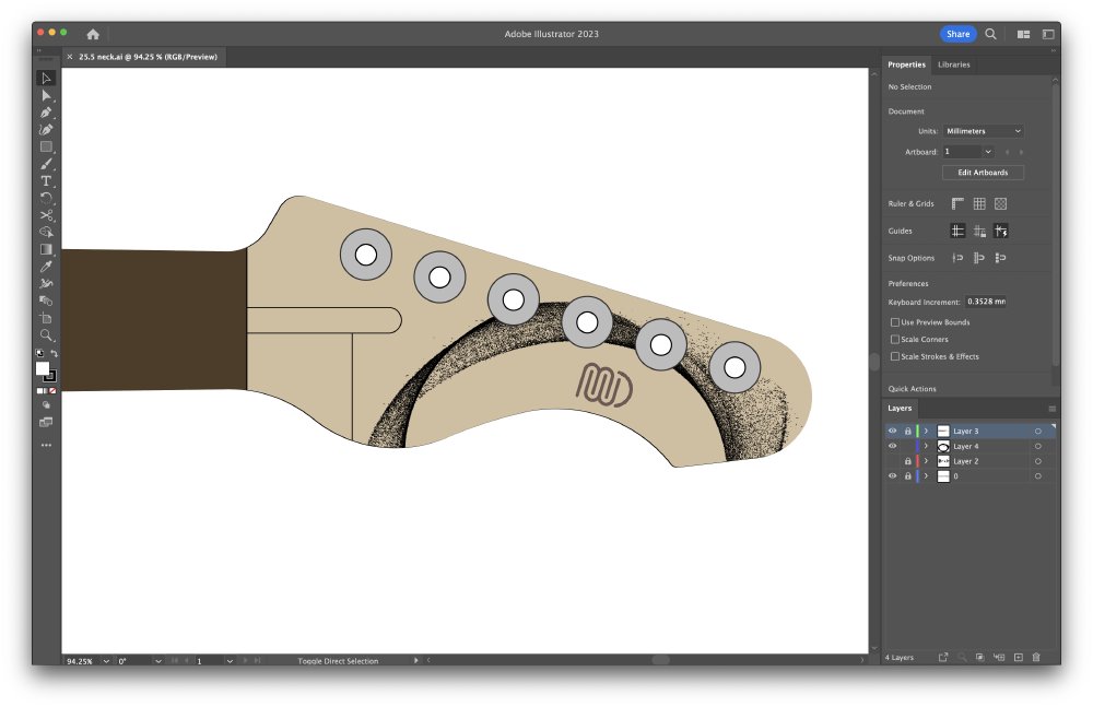 A drawing of the headstock of a guitar with the bit of the dust circle on it from the Uji screenshot, along with my MWD logo.