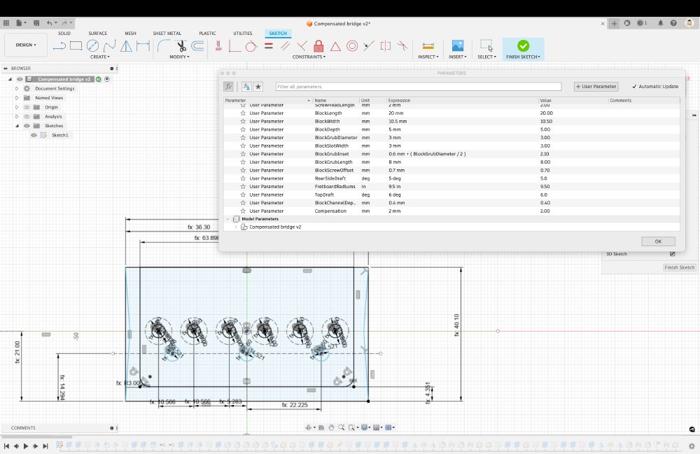 A screenshot of the plan sketch in the CAD model for the new bridge, and you can see that in the model parameters there's an entry called 'compensation' that is set to 2mm. 