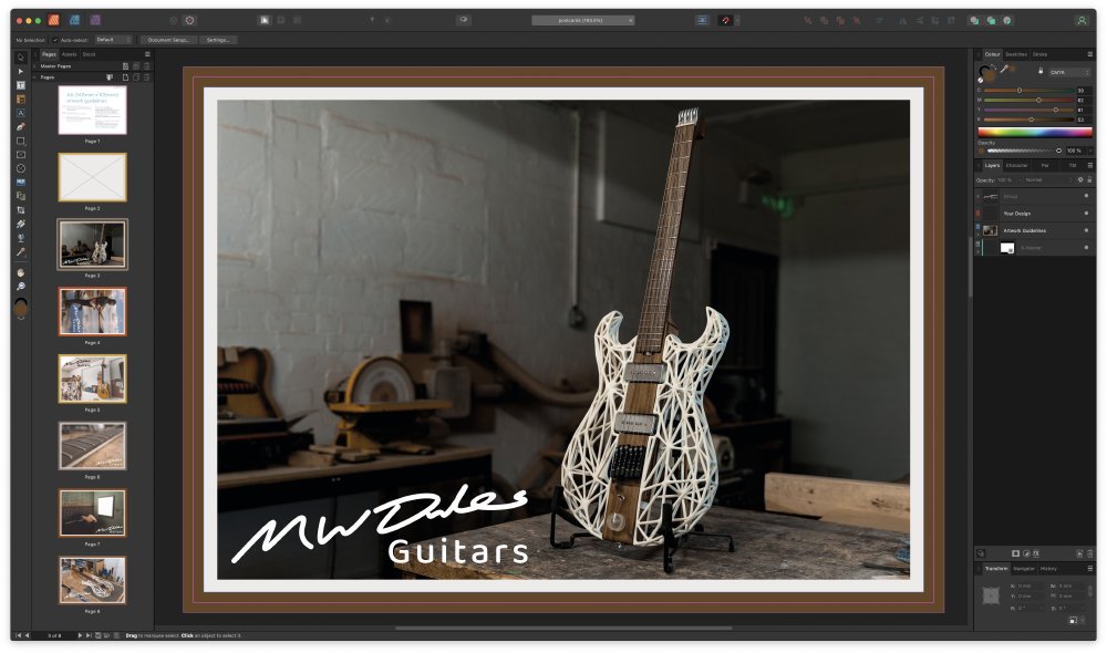 A screenshot of Affinity Designer running on a mac, where a postcards design is being edited. The postcard has a brown outer border, then a white inner border, and then a photo of the half wood, half 3D-printed guitar shot in a dark workshop. Over the photo is a signature saying 'M W Dales' and then the word 'guitars' under that.