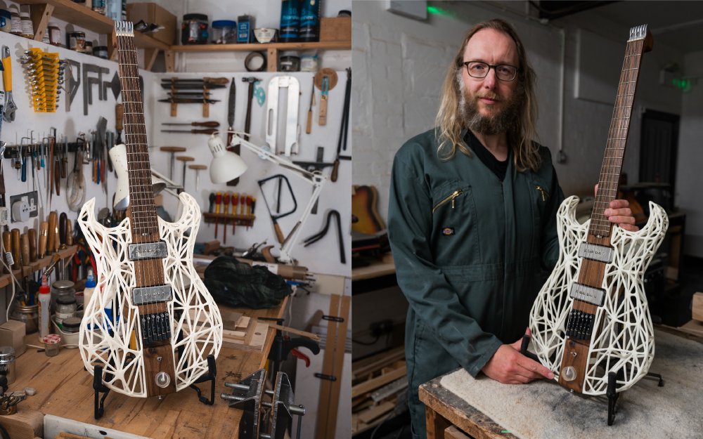 A pair of photos. On the left is a hybrid wood and 3D-printed electric guitar on a bench in a workshop surrounded by tools. On the right is a shot of me in my workshop overalls stood next to the same guitar in a darkly lit workshop.