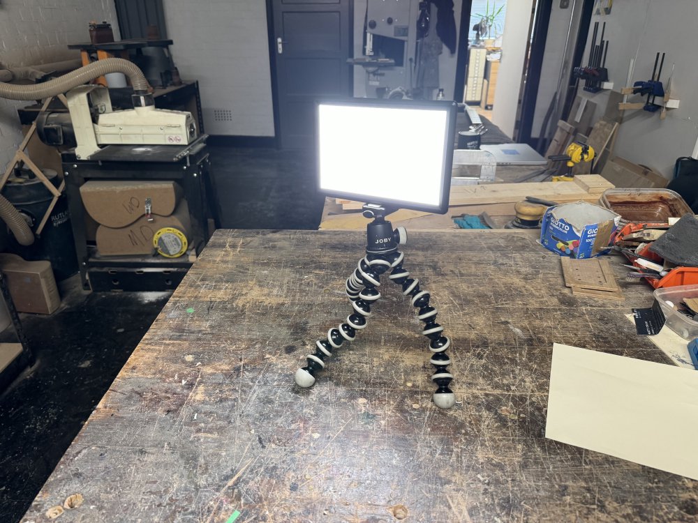 A photo of a small A5ish LED panel mounted on a gorilla pod, a tripod where each leg is made out of a flexible joined stem so you can wrap it around things as well as use it as a stand.