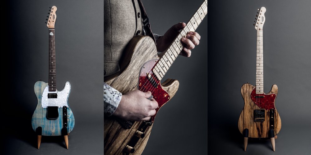 A series of three photos, all taken against a neutral grey backdrop. On the left we have a blue telecaster guitar with a rosewood fretboard and chrome hardware, and on the right a dark korin mahogany telecaster guitar with a maple fretboard and gold hardware. In the middle is a close up of someone playing the right-hand guitar just showing their hands playing the strings.