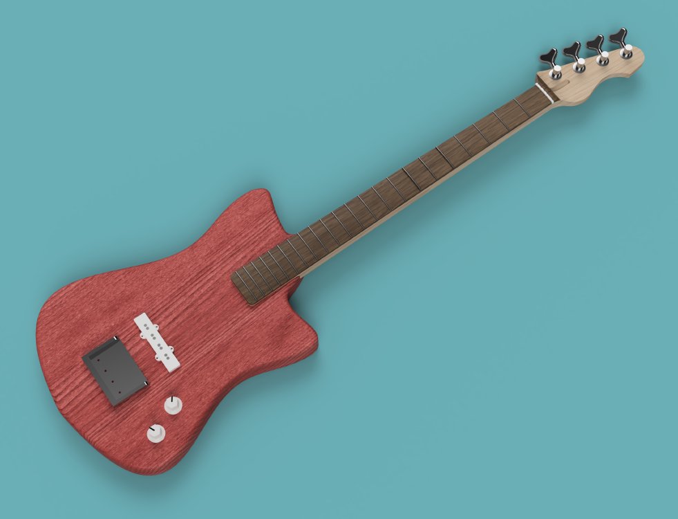 A render of a bass-guitar without strings and just one pickup in place. The bridge is further down the body, close to the tail, compared with a standard electric guitar. The neck is joined as usual, but comes further into the body that would normally be expected, coming down several inches into where the pickups would be.