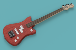 A 3D render of a short-scale electric bass-guitar. The body is an offset, slightly angular solid-body, shown in wood stained a crimson red. It has two white-covered pickups, and two dials and a selector switch on it. The neck has a rosewood fretboard is otherwise maple. The guitar is laid down on a solid blue background.