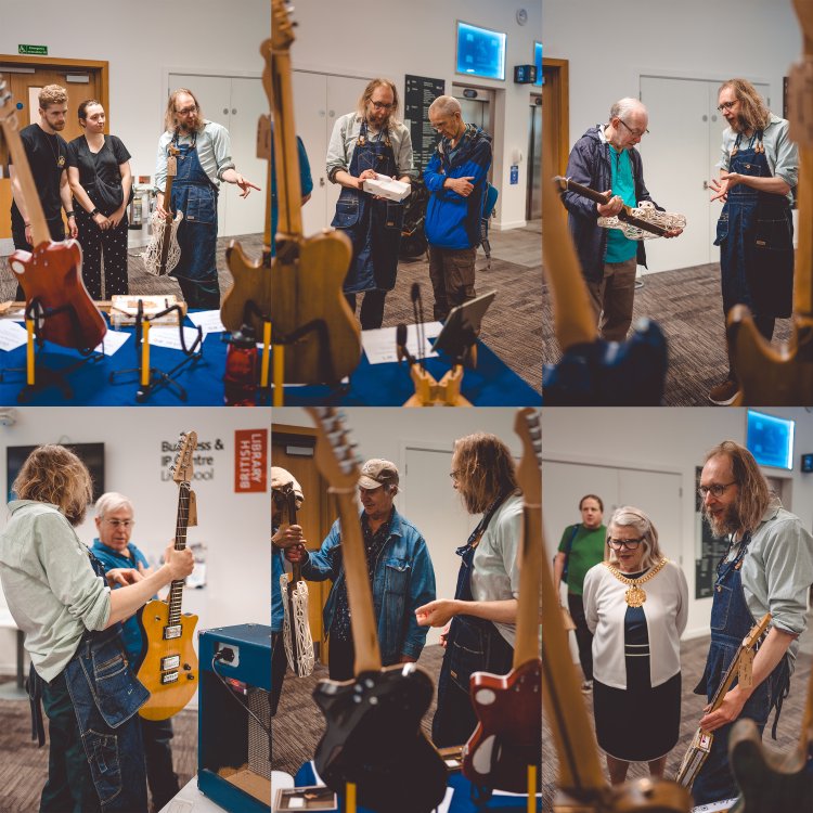 A montage of six photos, each of which is me stood with one or two other people pointing at a guitar, or passing them a guitar, or showing them something I use to build guitars.