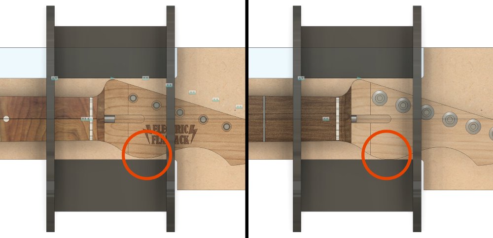 A pair of screenshots showing a CAD model of the same jig from the previous photo, focussing on the headstock end. On the left the headstock's curved design comes close to where the metal arched jig will need to be, and on the right one it is actually touching where the jig needs to be.