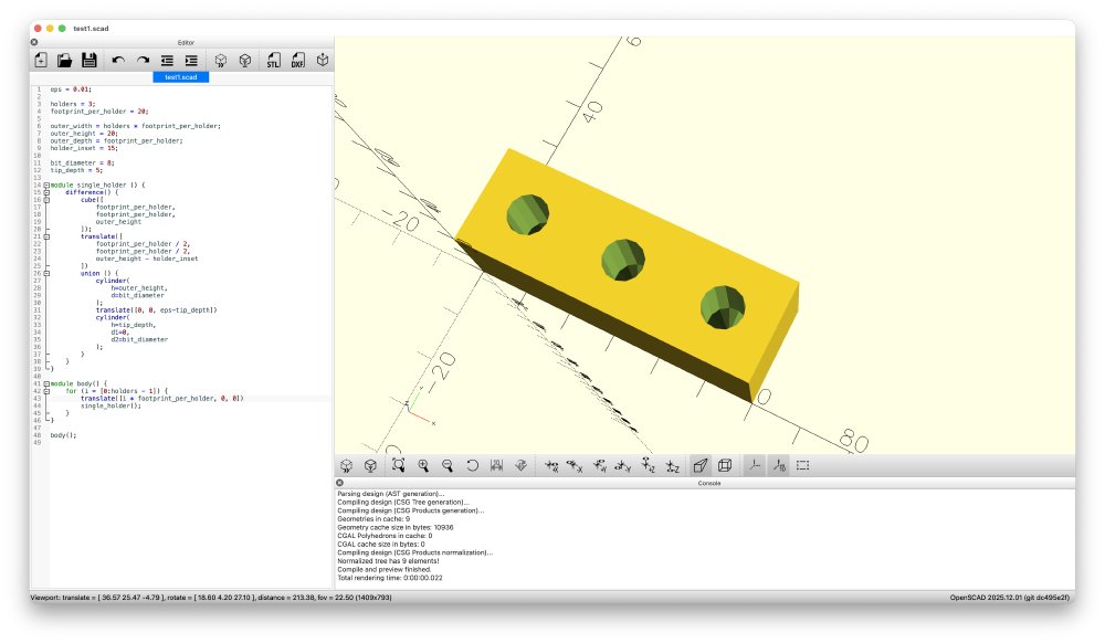 A screenshot of OpenSCAD, showing three panels within a single window. The left half of the window is taken up with a code editor, and then the right hand side is mostly taken up with a 3D view of a small block with three holes in it, and then a small section of logging output.