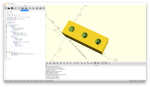 A screenshot of OpenSCAD, showing three panels within a single window. The left half of the window is taken up with a code editor, and then the right hand side is mostly taken up with a 3D view of a small block with three holes in it, and then a small section of logging output.